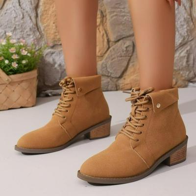Een Nieuwe Stijl Plusschoenen met Een Vetersluiting aan de Voorkant, Korte, Blokhak, Veelzijdige Casual Enkellaarsjes voor Dames