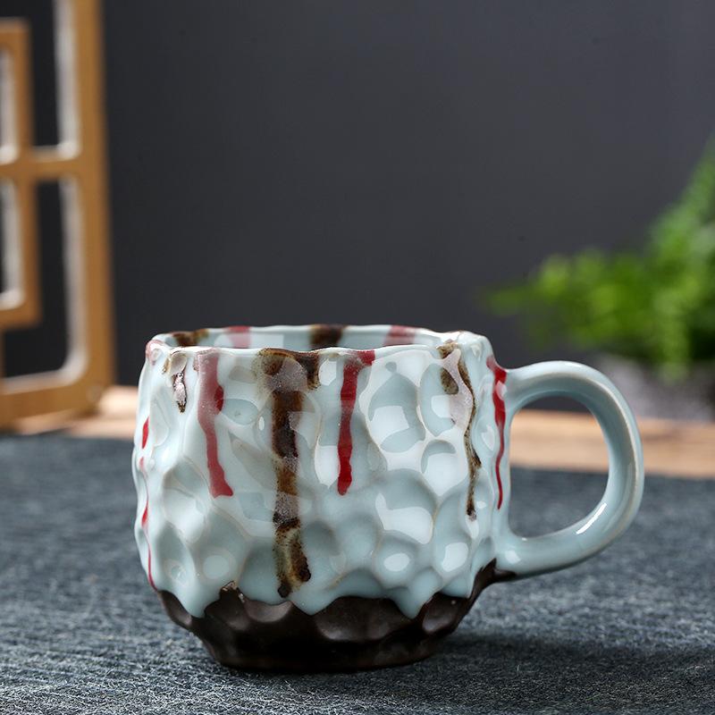 Vintage 270ML Keramik-Kaffeetasse mit Untertasse Hammerschlagmuster Steingut Espressotasse mit Henkel Japanischer Stil