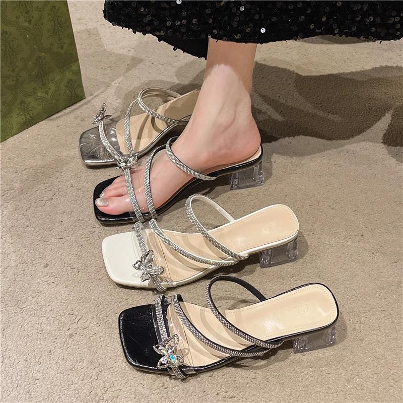 Neue Damen Sneaker Hausschuhe Damen Slides Mules Lässige Quadratische Mittlere Absätze Damenschuhe Kristall Strass Hausschuhe Übergröße