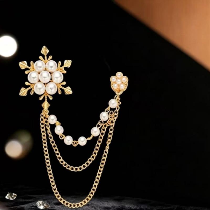 

Elegant Women Pearl Snowflake Chain Tassels Brooch Gifts Fashion Chain Pin Jewelry Accessories Exquisite Clothes Brooches золотий