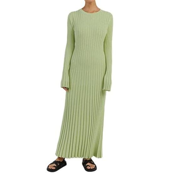 Women's Long Sleeve Ribbed Knitted Maxi Dress Crew Neck Bodycon Sweater Dress Elastic Slim Tie Waist Pencil Long Dress