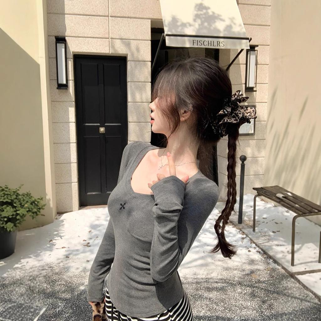 Pure desire white embroidered V-neck long-sleeved T-shirt women's autumn chic sweet hottie inner bottoming shirt slim-fitting short top
