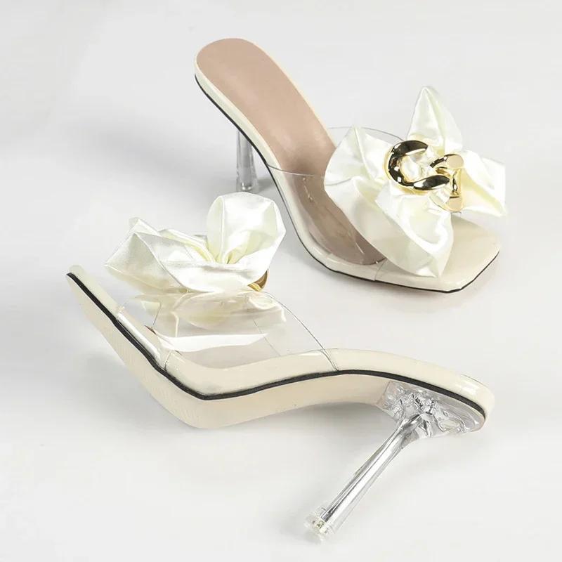 Fashion Fashion Pink Bow Women Slippers Transparent PVC High Heeled Sandals Luxury Banquet Dress Shoes 34-46 Large Size Women's Shoes