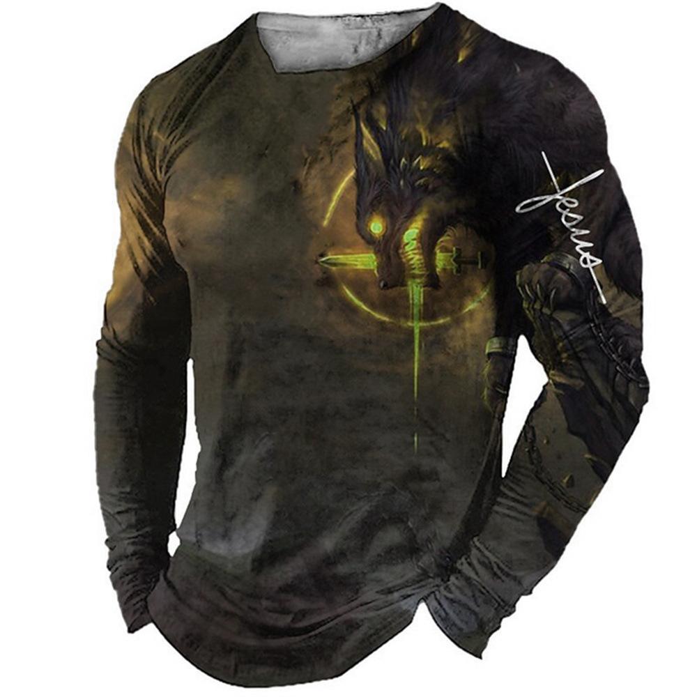 Men'S Fashion T-Shirt Animal Avatar 3D Digital Printing Trend Cool Long Sleeve Crew Neck T-Shirt