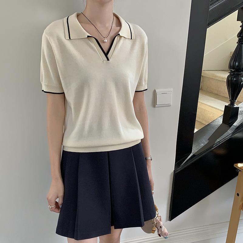 

Женское поло облегающего кроя в корейском стиле - Тонкое, дышащее, однотонное, с коротким рукавом, отложным воротником. M бежевый