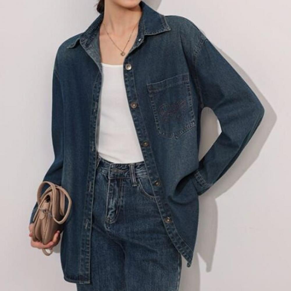 Navava Women Vintage Casual Denim Long Sleeve Shirt Nb2997