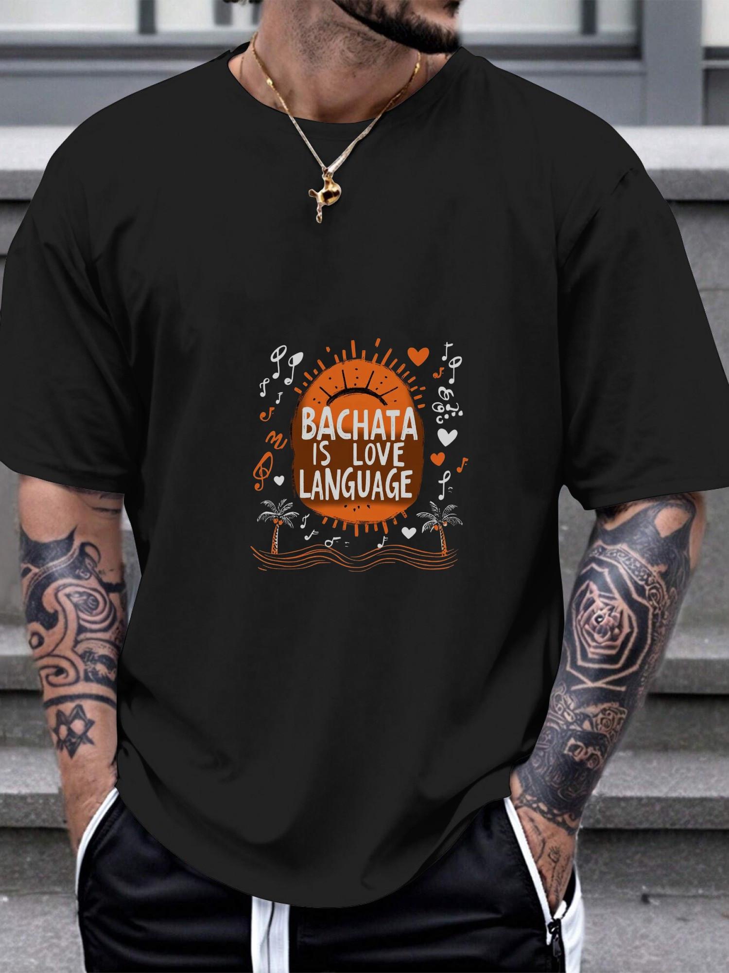 1pc BACHATA LOVE LANGUAGE Graphic T-shirt - Bright Orange 180g Cotton Crew Neck Short Sleeve Tee with Music & Dance Motifs XL