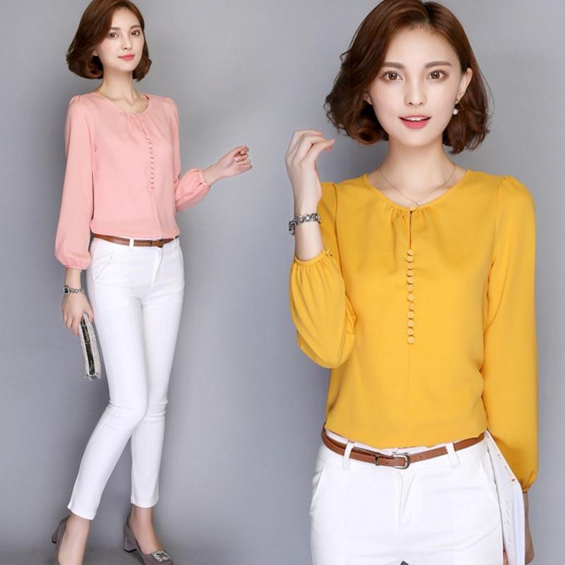 Elegant Summer Female Shirt Long Sleeve Blouse Button Women Office Chiffon Ruffle Tops For Stylish Comfort
