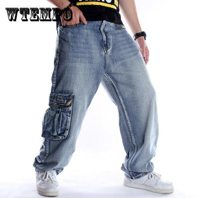 Hip Hop Jeans Plus Size Rovné Voľné Modré Denim Nohavice Veľké vrecká Maskáčová Stuha Móda Ležérne Pánske Baggy Jean Nohavice 40 42 44 46