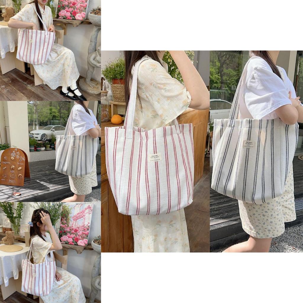 Fashionable Korean Large Capacity Striped Canvas Tote Bag For Spring Summer