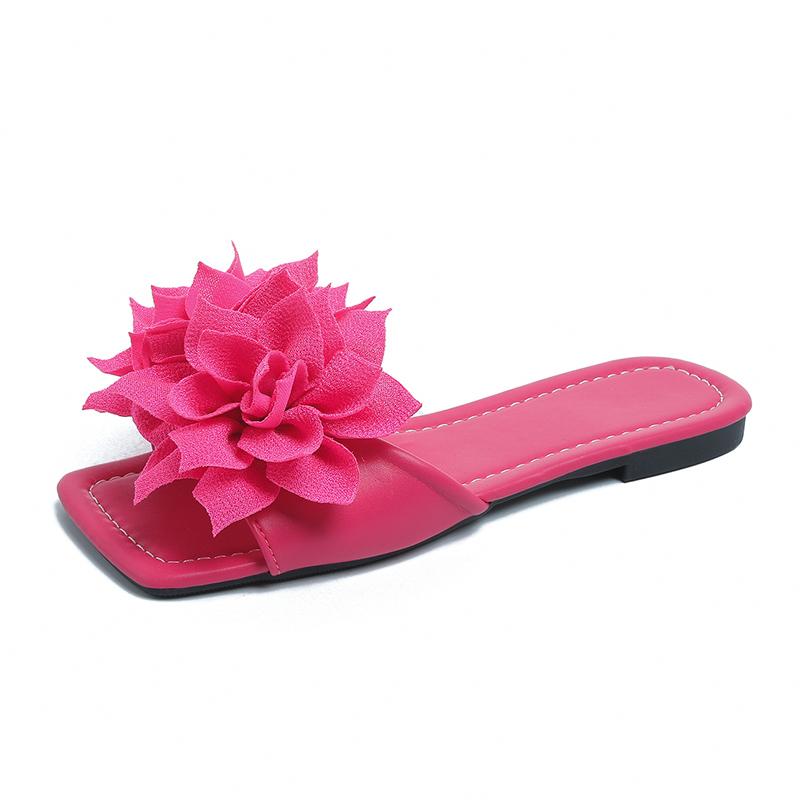 Flat Slippers Summer New Square Head Open Toe Big Flower Soft Bottom Set Foot Anti-slip Wear-resistant Beach Sandals