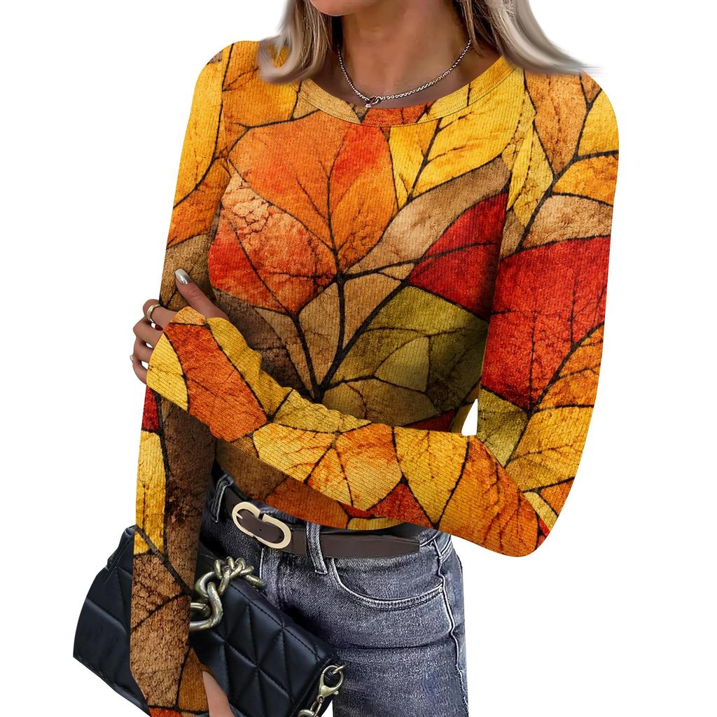 Women's Slim Fit Long Sleeve Neck T-Shirt with Leaf Print and Thumb Holes for Casual Everyday Wear