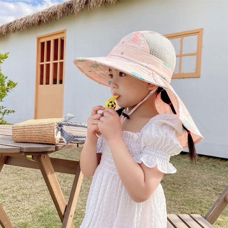 Summer Kids Anti-UV Fisherman Caps Large-Brim Cartoon Animal Print Girls Sun Visor Cap Outdoor UV Protection Children Mesh Beach Caps
