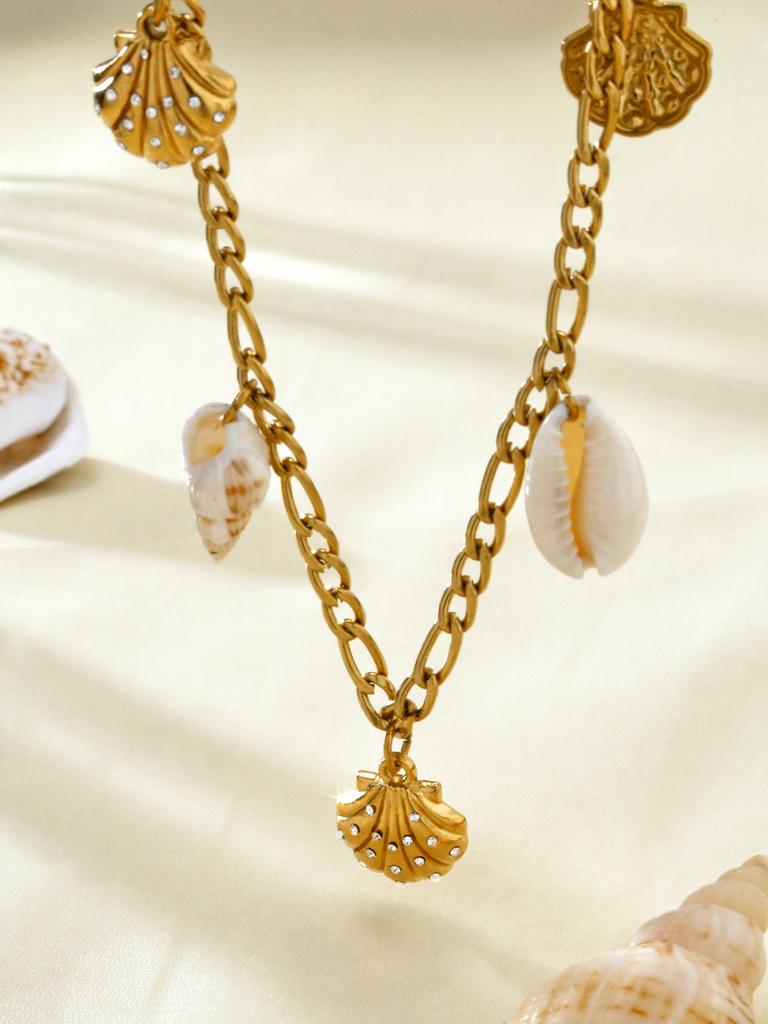 Summer Beach Series Fashion Elegant Vintage Charms Stainless Steel 18K Gold Plated Diamonds Shell Pendant Necklace For Women