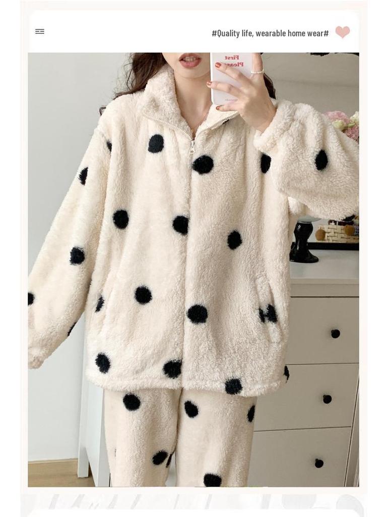 Women's Warm Flannel Polka Dot Pajamas: Long-Sleeved Zipper Set for Home and Out