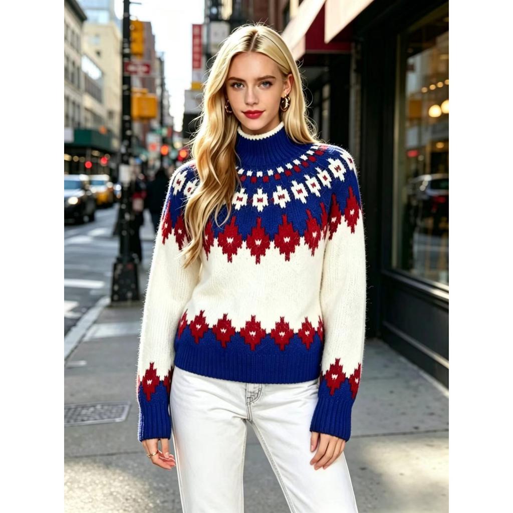 Fall Winter Women's Fair Isle Pattern Half Turtleneck Sweater, Loose Soft Rhombus Jacquard Knit Lazy Top