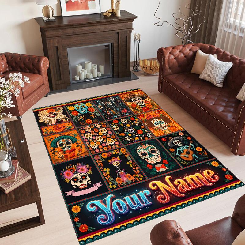 Day of the Dead Theme Crystal Velvet Rug Personalized Custom Name Text Soft Floor Mat Home Decor