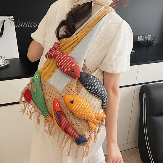 Fish Decoration Knitted Bag 3D Tote, Patchwork Shoulder with Tassels, Colorful Boho Women Purse for Daily Commuting Travel Shopping Practical Sundries