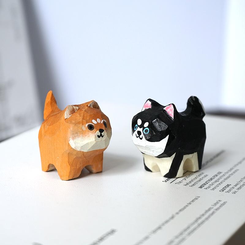 Handmade Wooden Carving Akita Shiba Husky Cute Dog Decor Office Desk Car Ornament