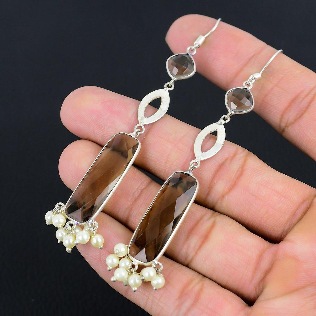 Schwestern-Tag Sale Rauchquarz Edelstein Sterling Silber Hängeohrringe Schmuck