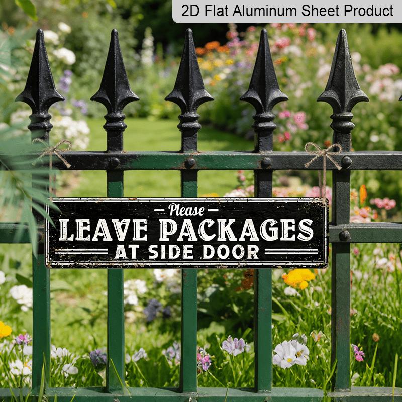 [Vintage Aluminum Sign] 2D Flat Vintage Metallic "Please Leave Packages At The Side Door" Sign - Rustic Wall Decoration, 15.7×3.94inch, Black with