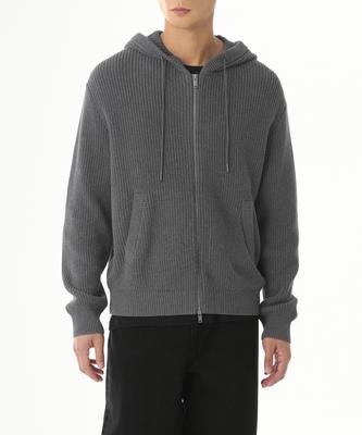 Ribbed Knit Hooded Zip-Up [Gray]
