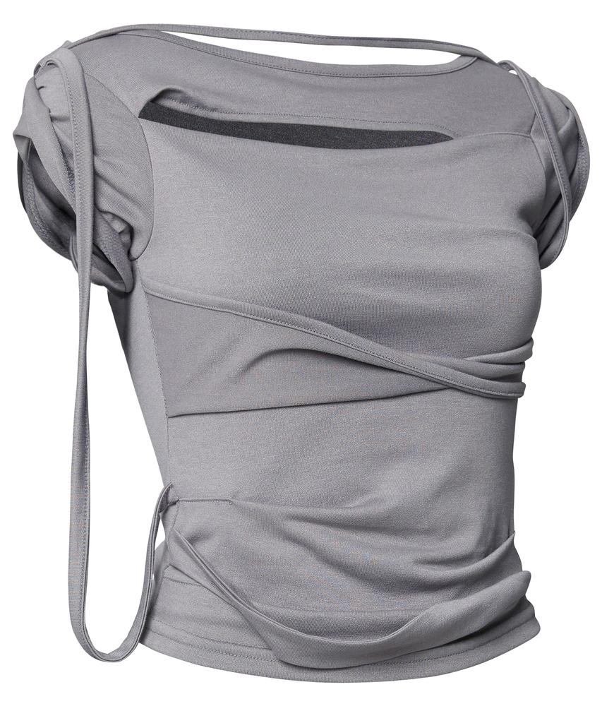 Peulleeoeob Asymmetrical Draped Strap Roll-Up T-Shirt (Fl-170_Dark Gray)