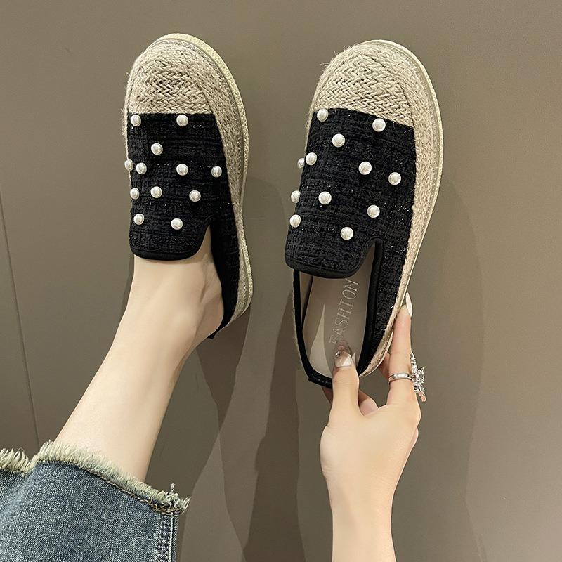 Straw Fisherman Half Slippers Women Wear Without Heel New Fashion Rhinestone Lace Bag Head Half Slippers Women
