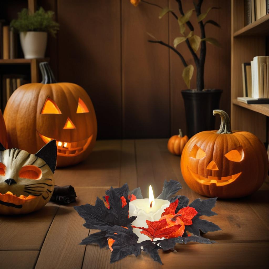 2Pcs Halloween Rings Wreath Black Artificial Maple Leaf Holder Table Centerpieces Fall Thanksgiving Party Decor