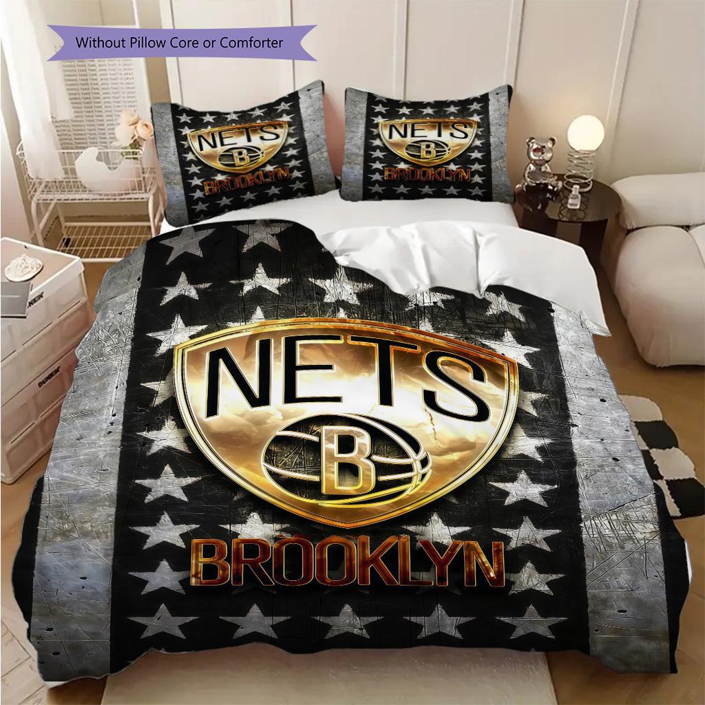 Brooklyn Nets Stars Stripes Basketball Spirit Bettwäsche(1 Bettbezug + 2 Kissenbezüge, ohne Füllung)Weihnachts-Geburtstagsgeschenk Weich und bequem