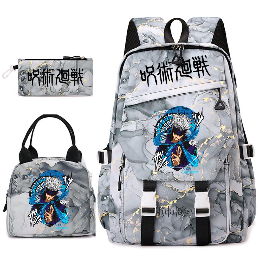 Anime Jujutsu Kaisen Backpack Set for Girls 3pcs School Bookbag Lunch Bag Pencil Case Casual Travel Rucksack
