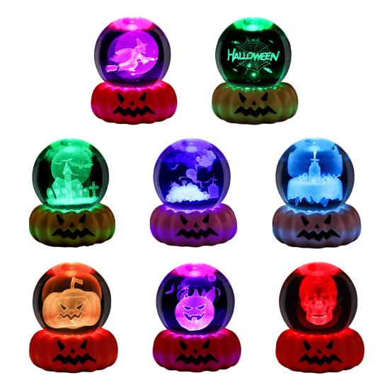 Halloween Faux Crystal Ball Night Light 3D Pumpkin Skull Witch Haunted House Spiderweb Glass Ball Lamp with Base USB Powered Glowing Sphere Decoration