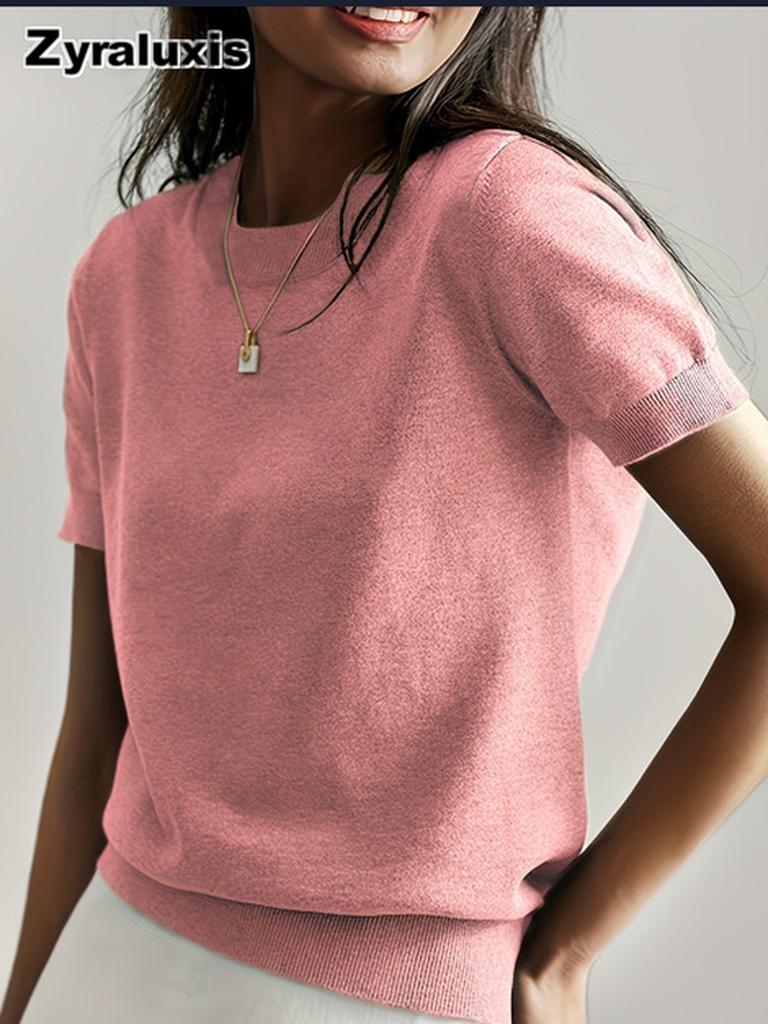 Women's Knitted Short Sleeve T-Shirt for Summer Casual Loose Pullover