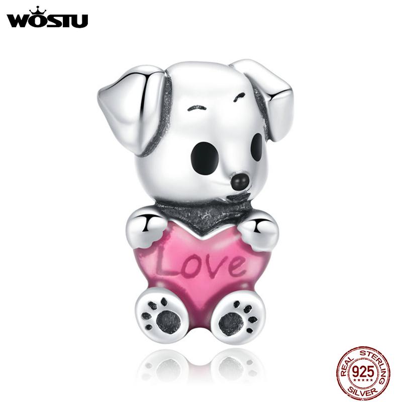 WOSTU 925 Sterling Silver Puppy Dog Bead Cute Animal Pink Enamel Charm Fit Original Bracelet Necklace Lovely Jewelry CQC1677