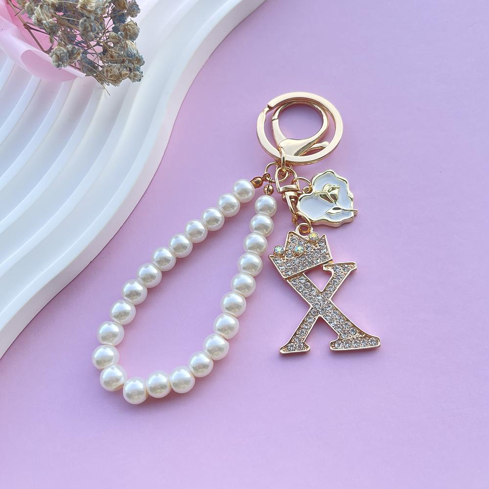 Boutique Crown A-Z 26 Initial Letters Rose Keyring Crystal Faux Pearl Resin Beaded Keychain Bag Pendant Women Girl Gifts Jewelry