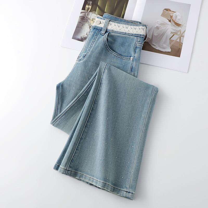 Women's High-Waist Light Color Flare Jeans with Lace Stitching - 2025 Spring/Summer Trend