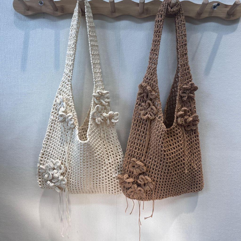 Mori Style Crochet Flower One-Shoulder Bag: Relaxed, Large-Capacity Beach Vacation Tote