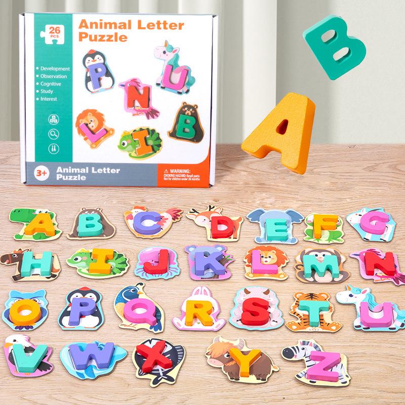 Wooden 26-letter Animal Matching Puzzle, Toddler Hand-eye Coordination, Exercise Early Education Puzzle Cognitive Building Block Toy