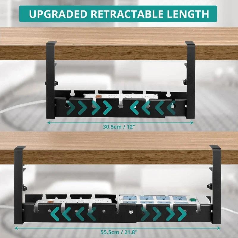 No Drilling Extendable Under Desk Cable Management Metal Cable Tray Under Desk with Clamp Retractable Power Strip Cord Holder