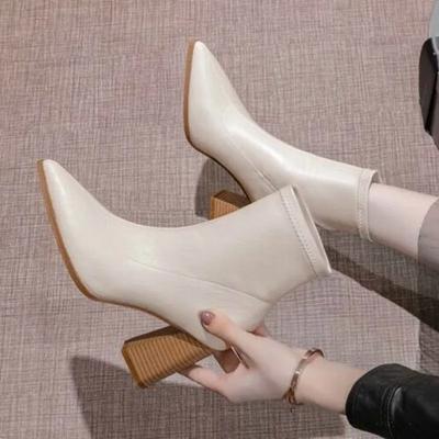Fashion Ankle Boots For Women's Thick Heel Spring Autumn Single Boots New Pointed High Heels 7CM Nude Shoes Mid-heel Black Botas Mujer