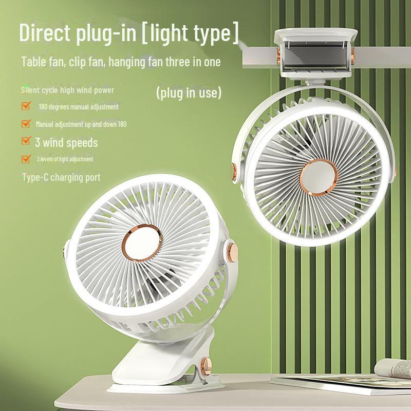 Rechargeable USB Clip Fan with Desk Lamp - Large Battery, Portable for Student Dormitories