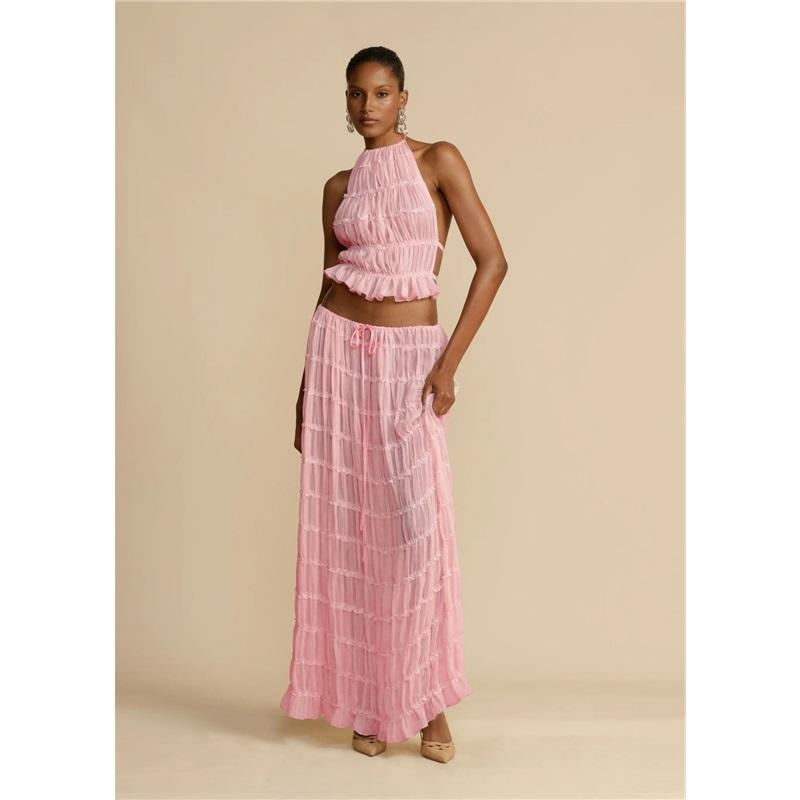 Damen Neuer einfarbiger 2-teiliger lässiger Neckholder-Tragekomfort Mehr Sommer Ärmellos Locker Urlaub Damen Rockanzug