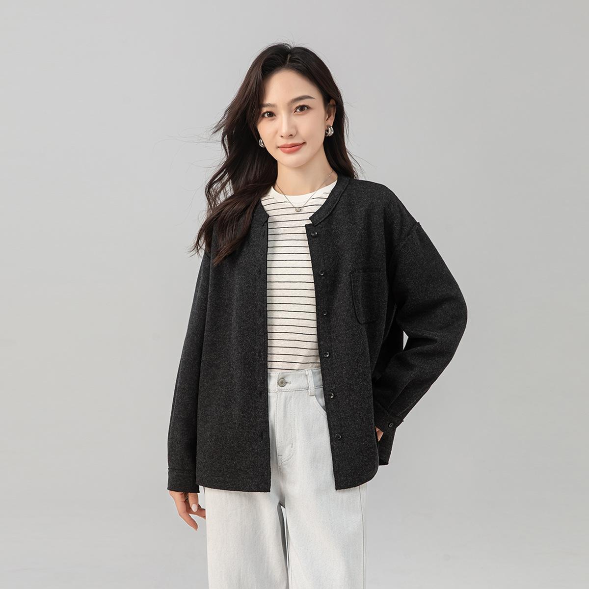 Women s Crew Neck Long Sleeve Shirt Oversized Fit Lazy Style Wool Blend Woolen Coat Casual Outerwear S