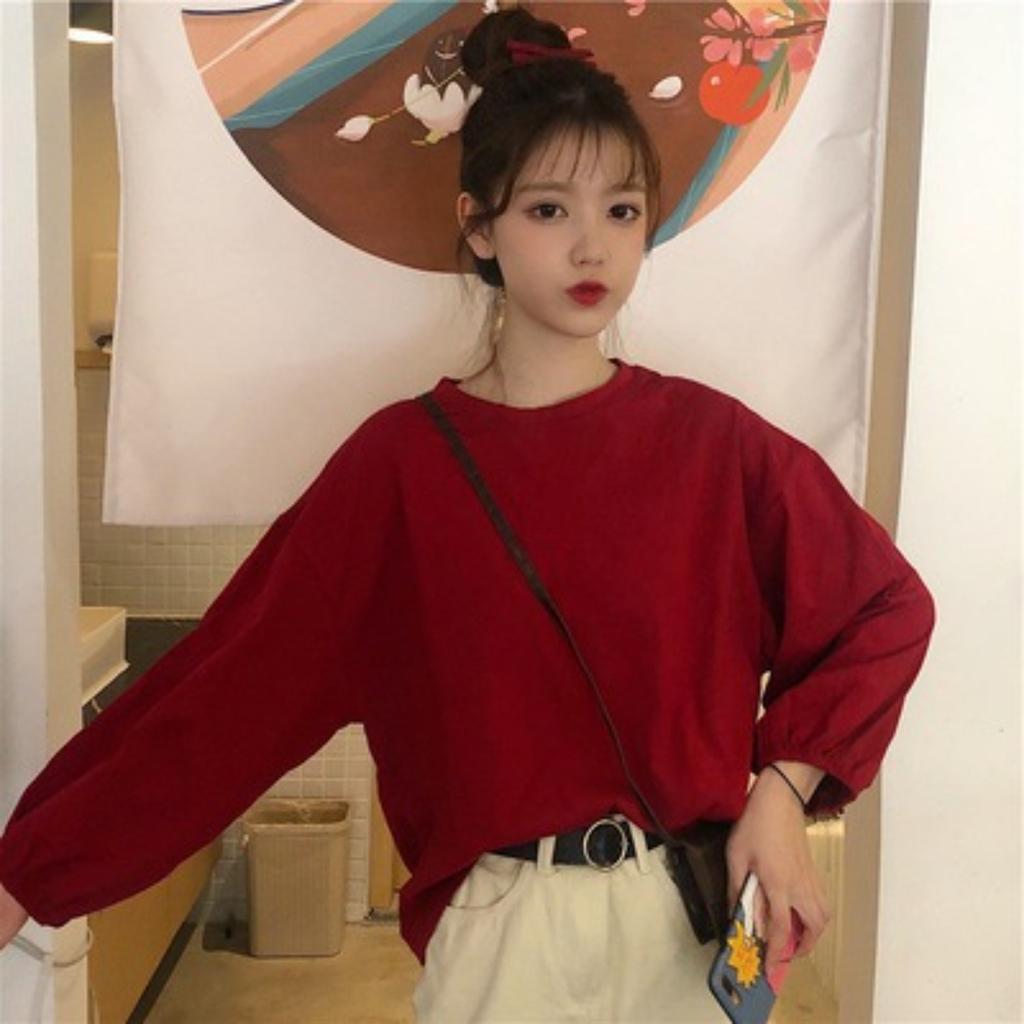 Women's Crew Neck Long Sleeve Tunic Top Loose Fit Solid Color Casual Lantern Sleeve Tops