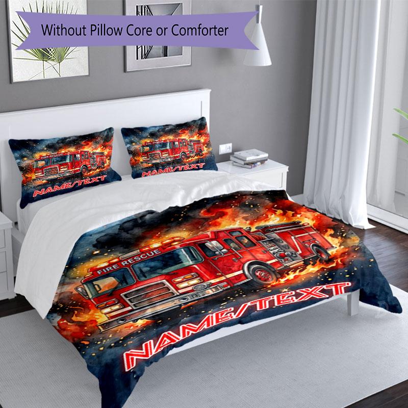 3PC Custom Name Fire Truck Courage Bedding Set Duvet Cover Closure Includes 1 Duvet Cover & 2 Pillowcases for Bedroom