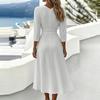 Women V Neck 34 Sleeve Midi Dress Solid Casual Loose Fit Waist Pleated A Line Elegant Office Wear Simple Style