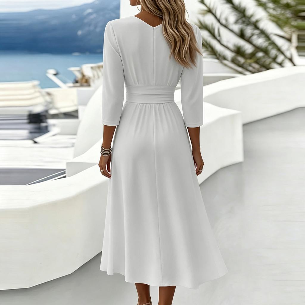 Women V Neck 34 Sleeve Midi Dress Solid Casual Loose Fit Waist Pleated A Line Elegant Office Wear Simple Style