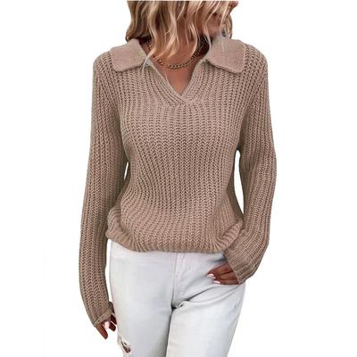 Women's Autumn Solid Color Lapel Sweater Temperament Slim Pullover Top