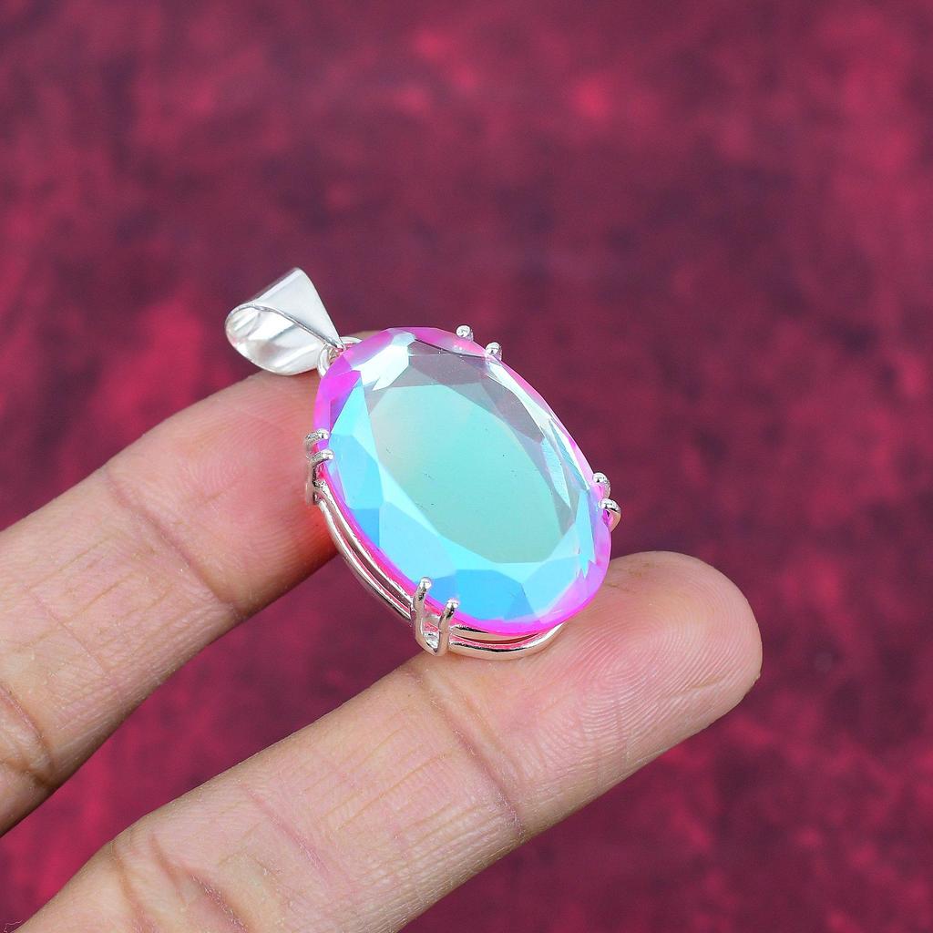 Pink Mystic Topaz 925 Solid Sterling Silver Pendant, Handmade Gemstone Pendant Jewelry, Gifts For Wife Brand New Pendant
