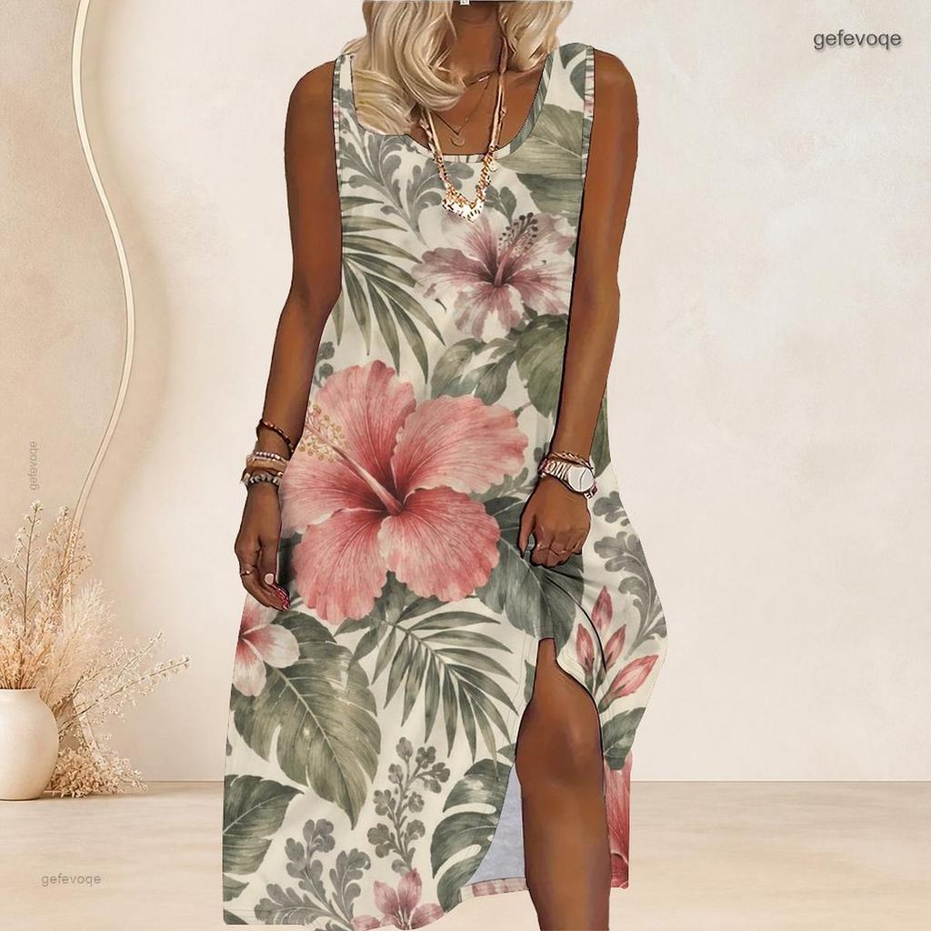 Women Plus Size Scoop Neck Sleeveless Floral Printed A Line Long Dress